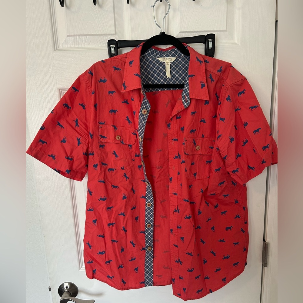 Red Short Sleeve Button-Up Shirt with Animal Print